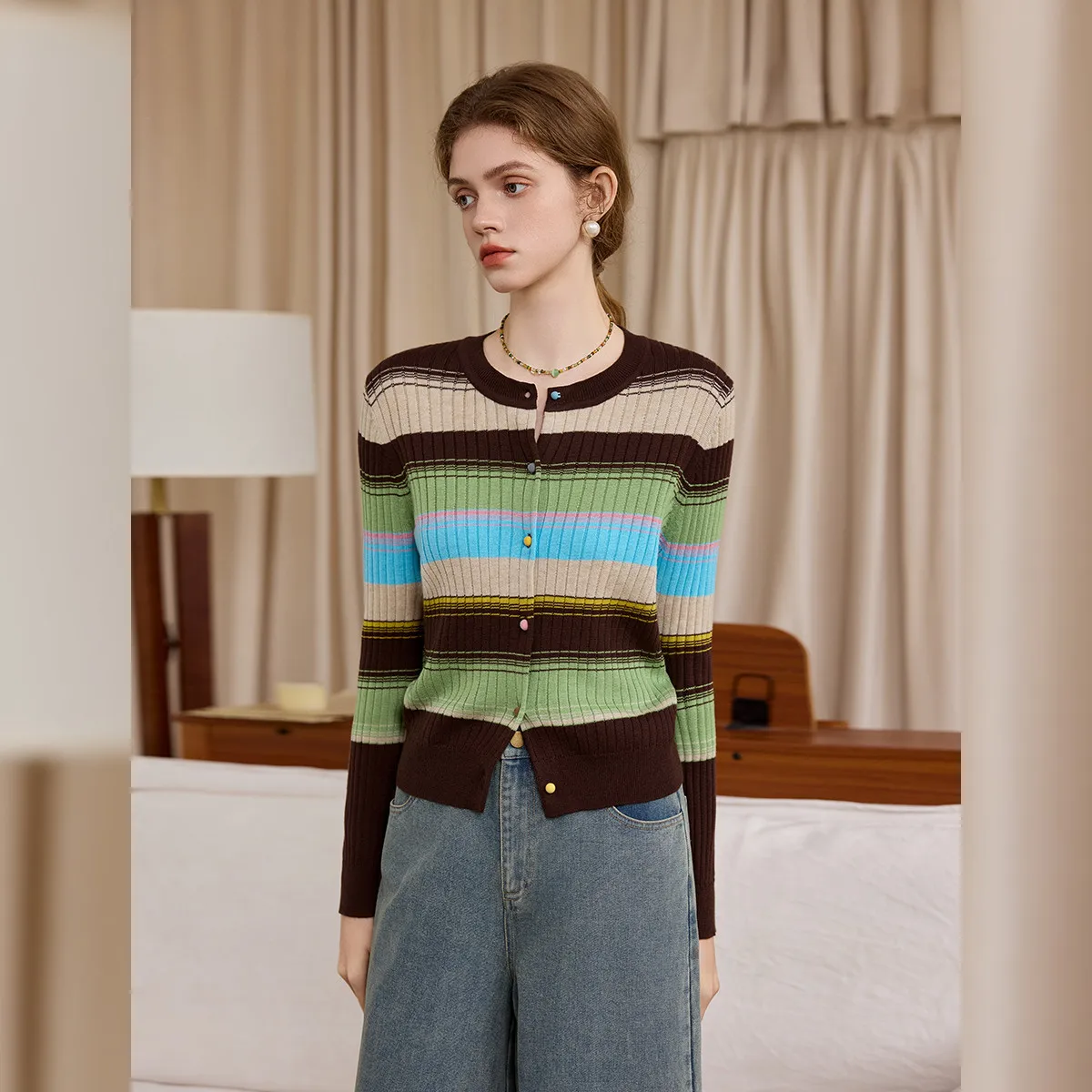 LOUIS YAO Colorful Stripes Knit Cardigan 2026 Autumn Crew Neck Slightly Stretchy Multi Color Buttons Office Knit Sweater