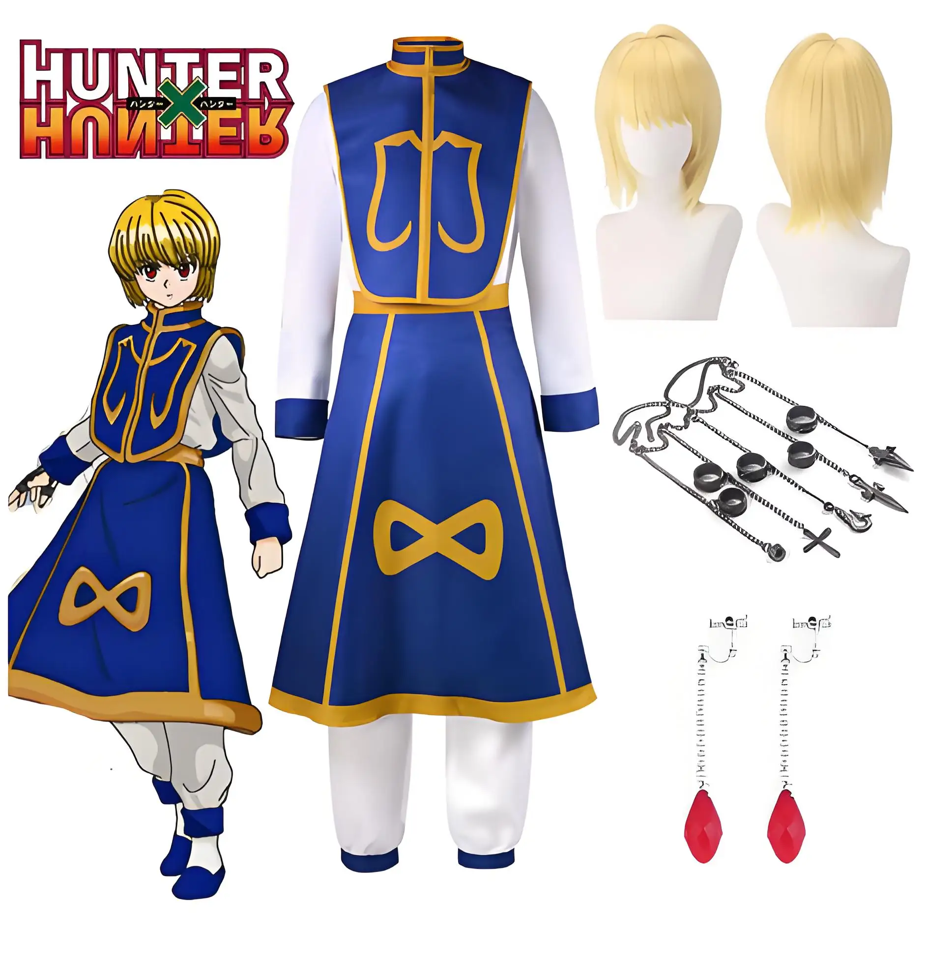 Anime Manga Hunter x Hunter Kurapika Cosplay Costume Wig Fingers Rings Chain Earrings Anime Uniforms Halloween Party Outfits