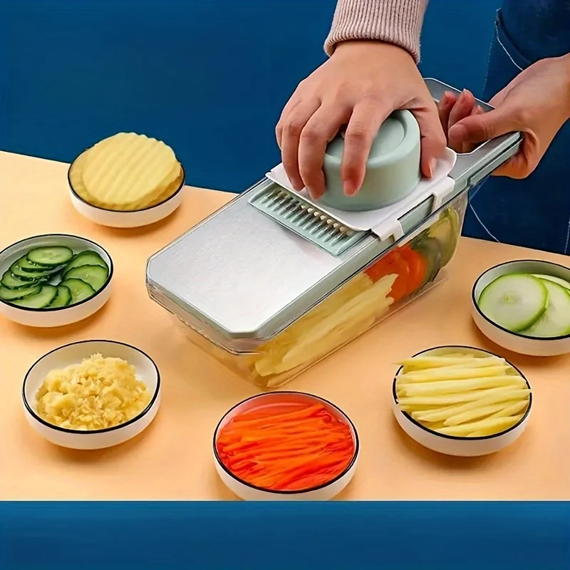 Stainless Steel Multi-Functional Vegetable Slicer And Vegetable Cleaner Suit，With Replaceable Blades，Manual Kitchen Tool Kit