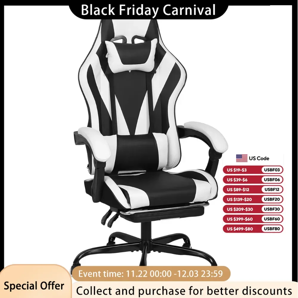 Office Chair with Linked Armrests and Footrests, High Backrest Video Home Gaming Chair, Black/white