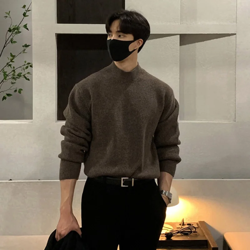 IEFB Korean Style Men's Sweaters Mock Neck Solid Color Loose Knitting New Trendy Male Pullover Casual Tops Autumn Tide 9C7788