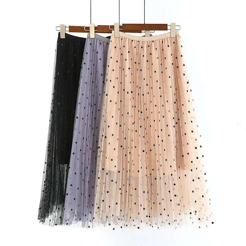 

Women Solid Elastic Waist 3 Layers Mesh Sweet Dot Pleated Skirt Spring Summer Elegant Office Ladies Long Skirts Casual Saias