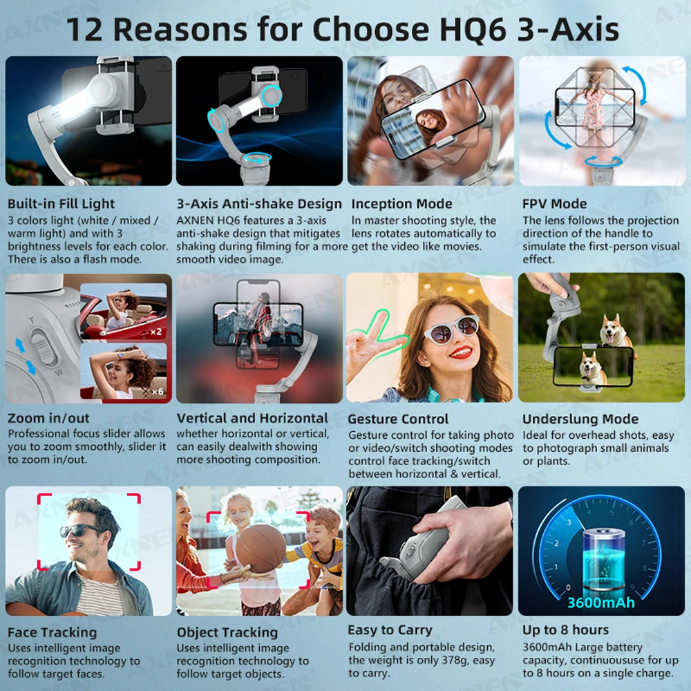 HQ6 3 محاور مثبت مدونة فيديو مضاد للاهتزاز مع ملء الوجه الخفيف بعد لـ TikTok Travel Video Shoot الهاتف المحمول Gimbal
