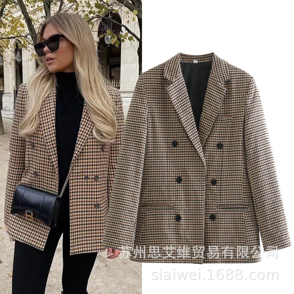 Saw European Style Women's Plaid Mini Suit Jacket Autumn Street Thousand Birds Pattern Western Style Clothes Sleeveless Tailored