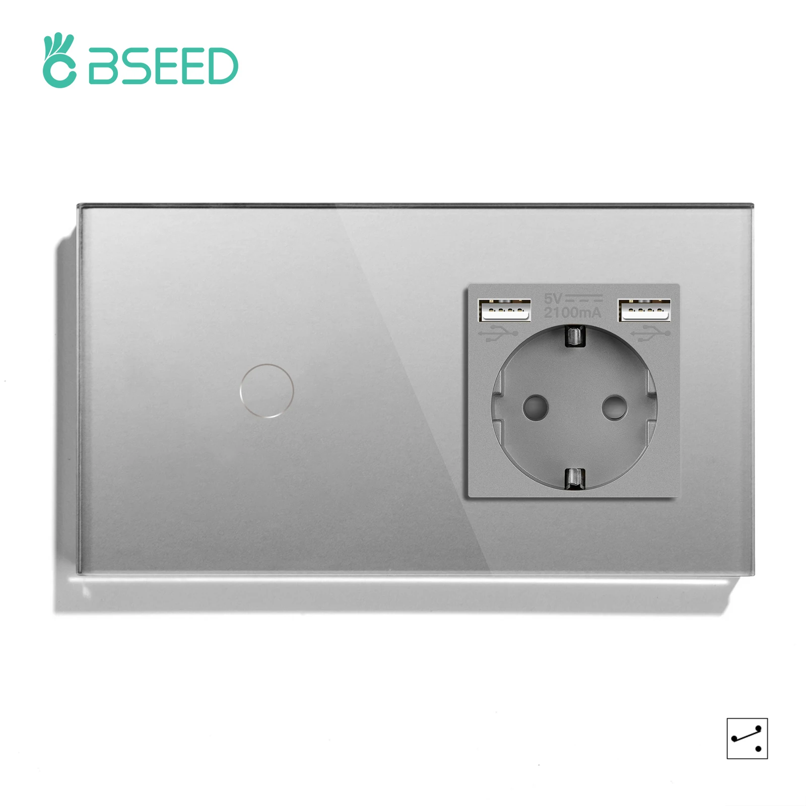 Bseed Wall Touch Light Switch 1/2/3Gang 2-weg lichtschakelaar met EU-aansluiting USB Type-C glazen paneel Blauwe achtergrondverlichting 240V voor trappen