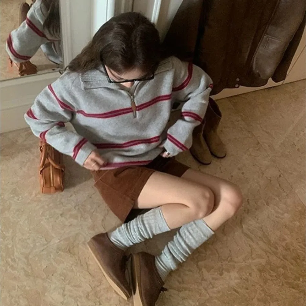 الكورية نمط طويل الأكمام متماسكة شريط هوديي الخريف عارضة الكروشيه تريكو المرأة أعلى فضفاض الحلو الفتاة البلوز المرأة #2