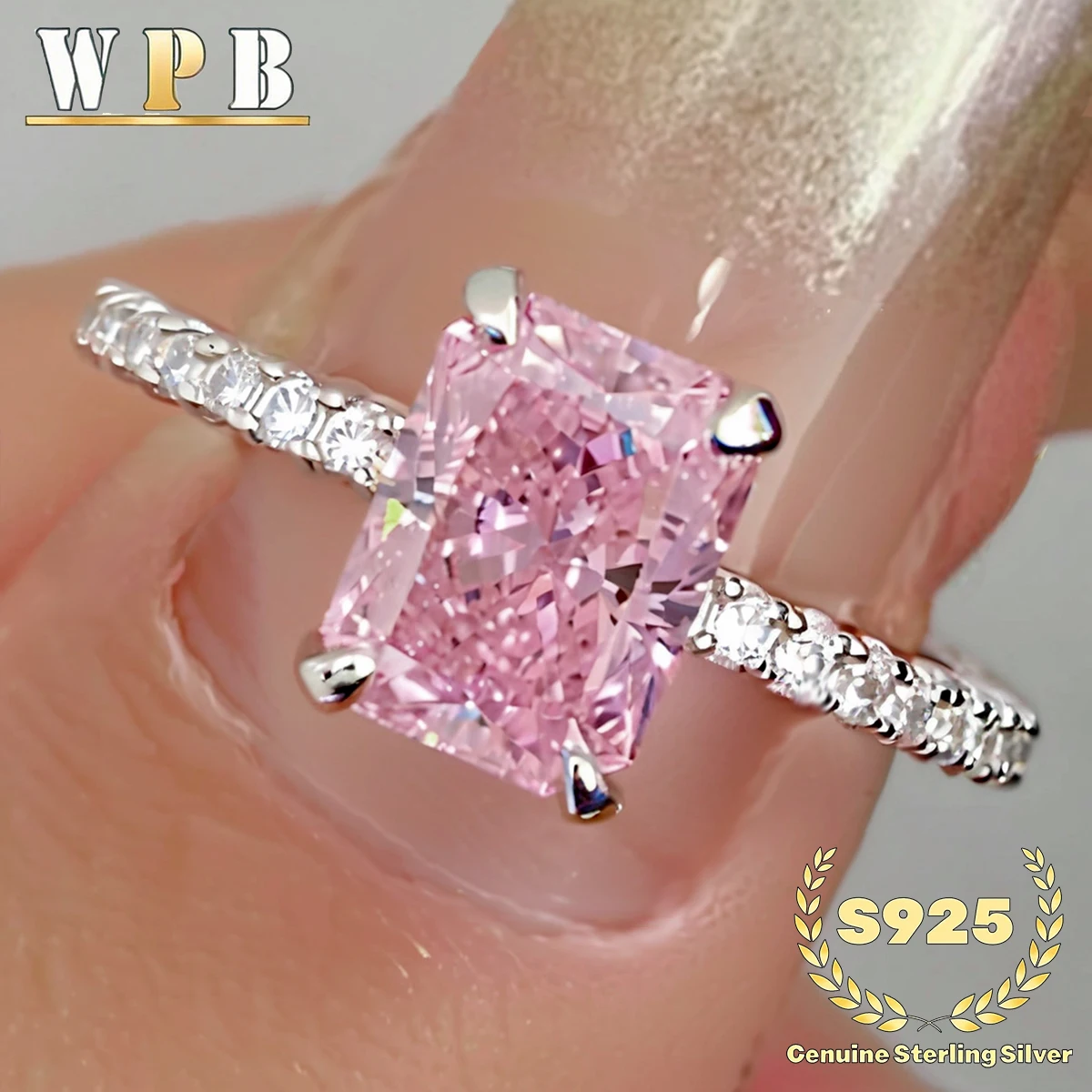 

Genuine S925 Sterling Silver 6x8mm Icy Cut Rectangular Pink 8A Zircon Halo Ring Sparkling Wedding Engagement Anniversary Jewelry