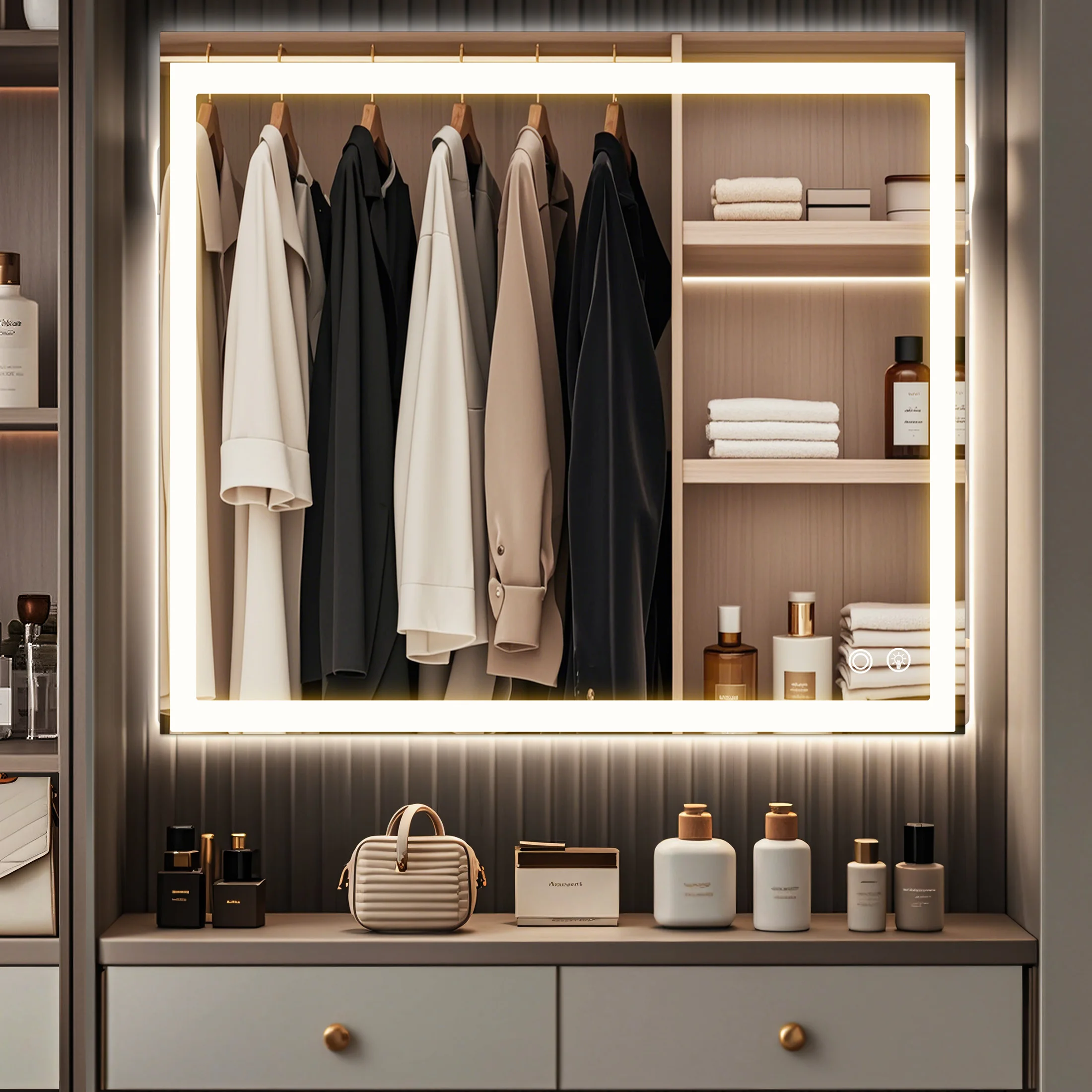 MCQ Rectangle LED Bathroom Mirror with Lights Tempered Glass Makeup Memory Function Dimmable Anti-Fog Front Lit Backlit Modern Vanity Mirror for Home Bedroom