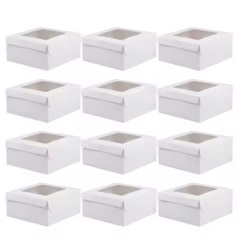 12Pcs Cake Boxes White 4 Grid Decorative Cupcake Container for Party Baby Shower Wedding Gift Packaging Food Safe Dessert Holder