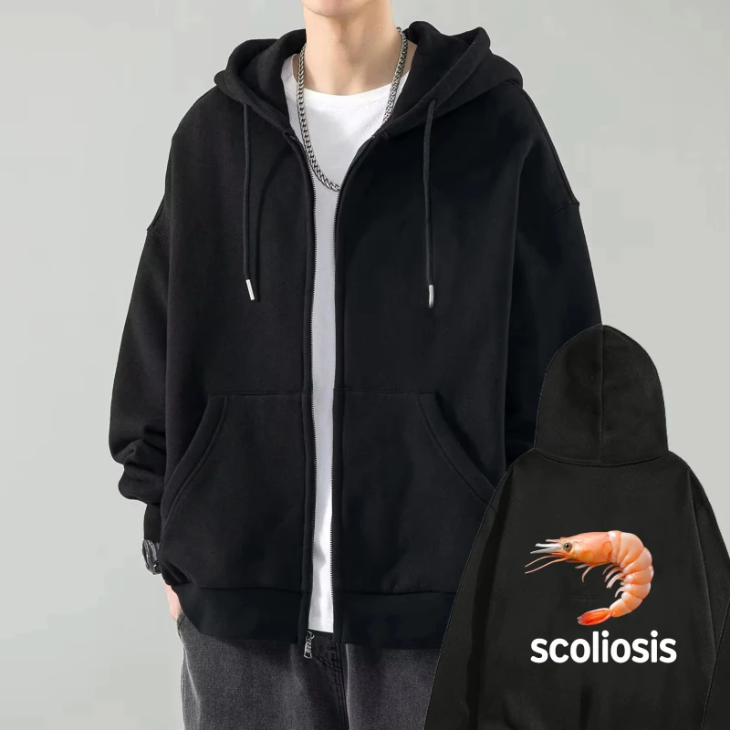

Men's Hooded Jacket Black Shrimp Scoliosis Print Casual Streetwear Hoodie for Daily Wear and Fashion Statements