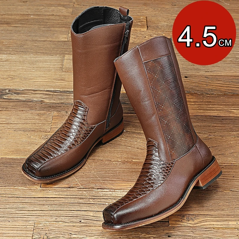 

4.5cm High Heel Men's Leather Cowboy Boots Autumn Winter Zipper Fashion Comfortable Mid-Calf Denim Western Riding Boots for Men