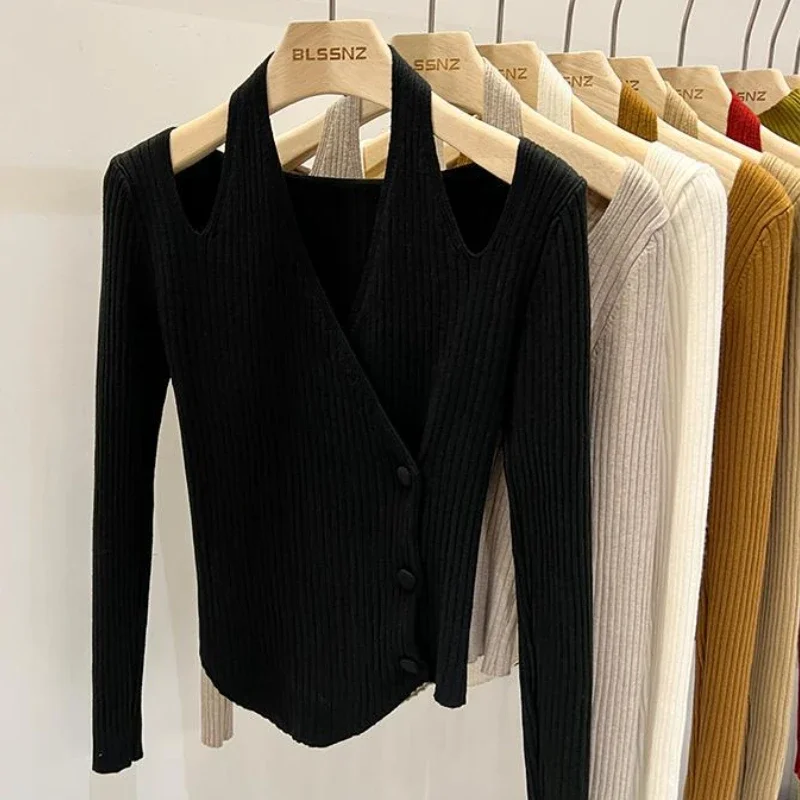 Estilo coreano Otoño Invierno todo-fósforo suave Sueter Mujer Halter suéteres de punto mujeres Sexy Irregular Simple suéter interior Casual