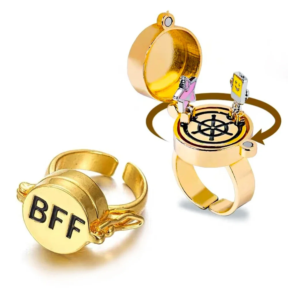 YILUOCD 2 Pcs Gold Color Spinner BFF Matching Rings Best Friend Open Rotate Ring Forever Friendship Cute Cartoon Anime Jewelry