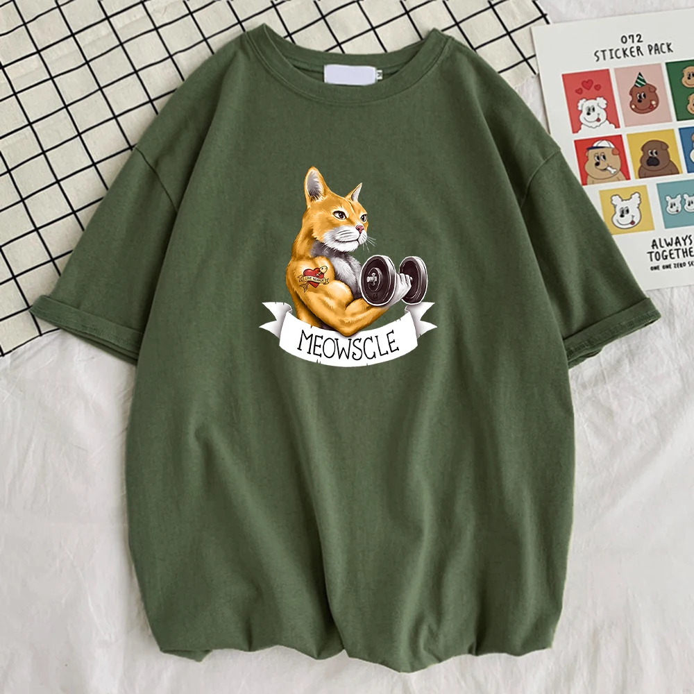 Meowscle The Cat Has Been Lifting Dumbbells Prints Male Tshirts Street Vintage Tshirt Sport Oversized T Shirt Style Slim Men Top