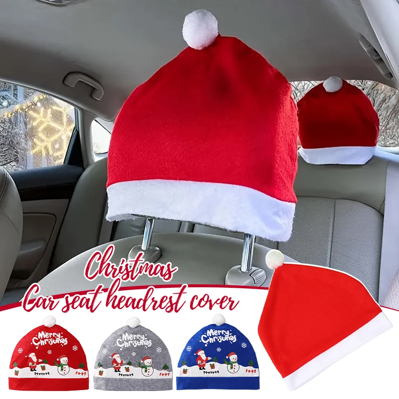4PCS Christmas Car Headrest Cover Large Size Seat Christmas Hat Car Festive Atmosphere Interior Decoration