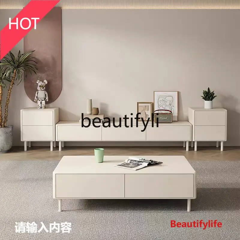 Modern Cream Style Living Room Home Painted Round Rectangular Coffee Table TV Cabinet Sideboard Cabinet Set