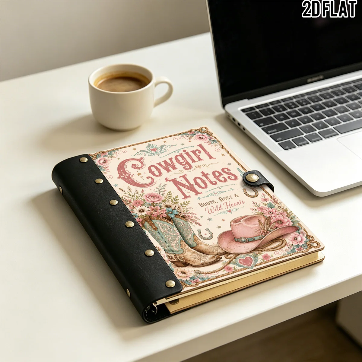 1PC 2DFlat Wooden Notebook, Hardcover Cowgirl Notes Pink Boot Hat Wildflower Rope Frame Print, 100 Pages With Leather Rivet Craf