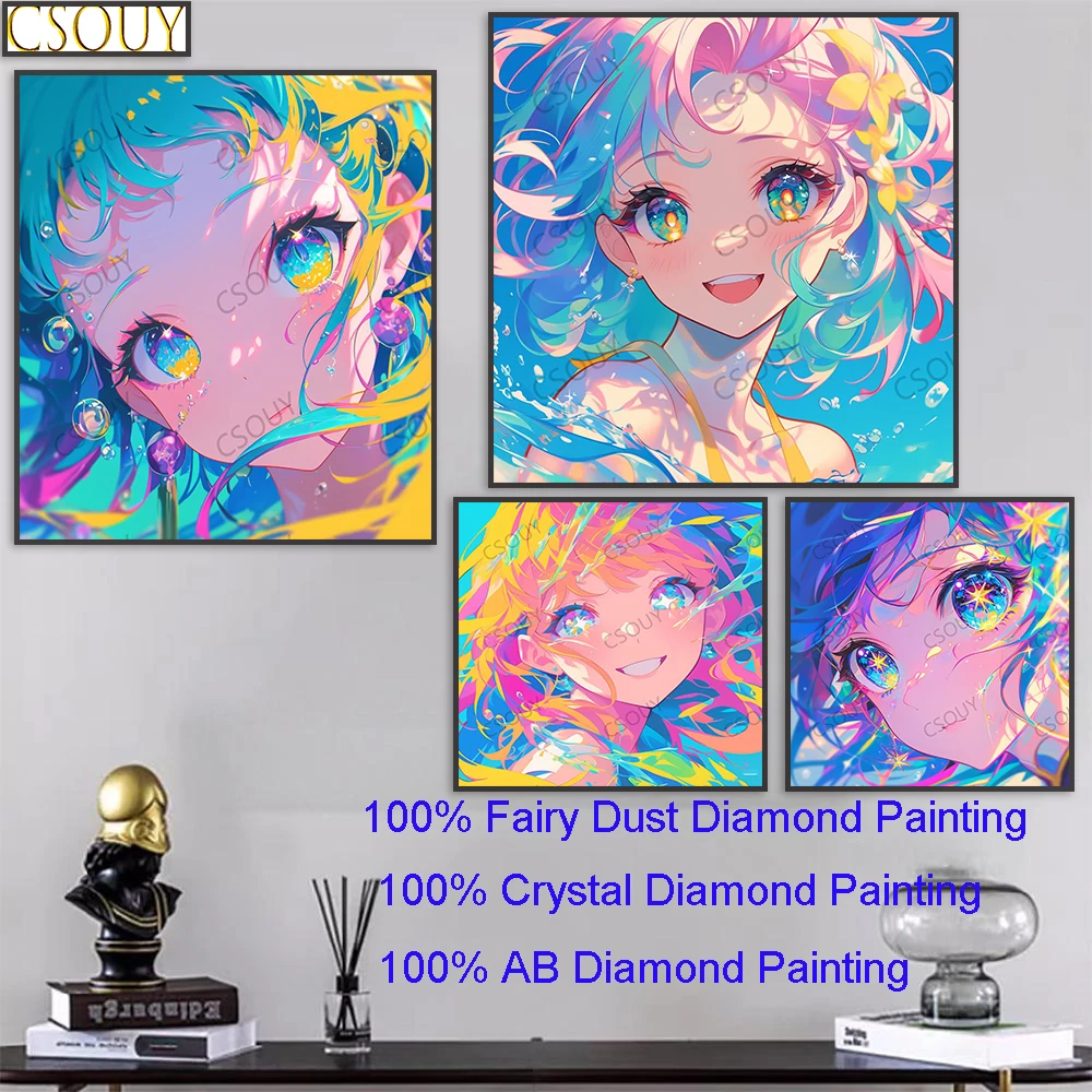100% Fairy Dust Diy Diamond Painting Big Eyes Girl 5D Cross Stitch Square Drill Full Crystal Embroidery Mosaic Decor Needllework