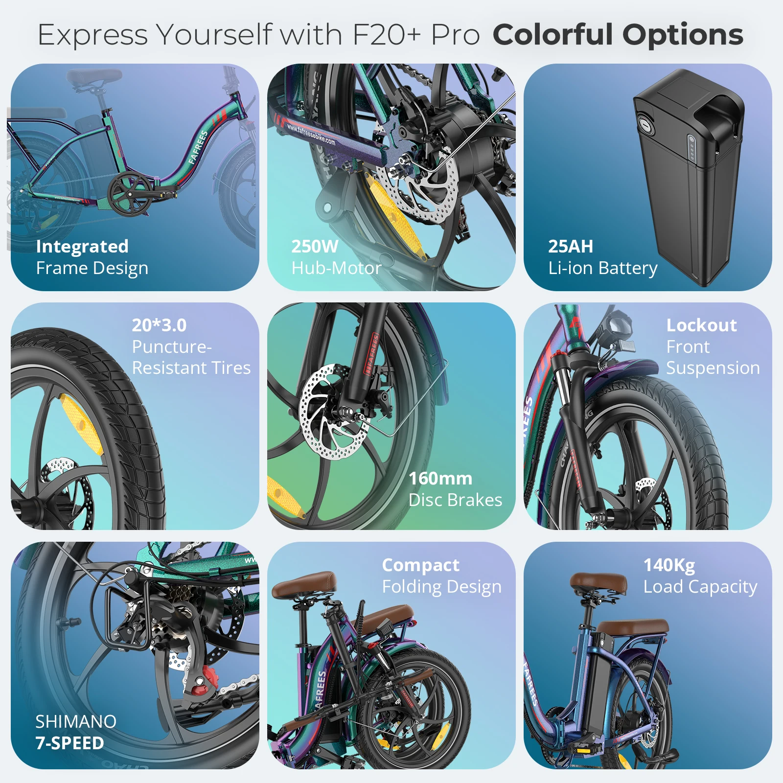 Fafrees F20+ Pro Faltbares Elektrofahrrad 250W mit 36V 25Ah Abnehmbarer Akku, 20 x 3,0 Zoll E-Bike Mountainbike für Erwachsene, 25km/h und 95-120km Reichweite – Detail 2