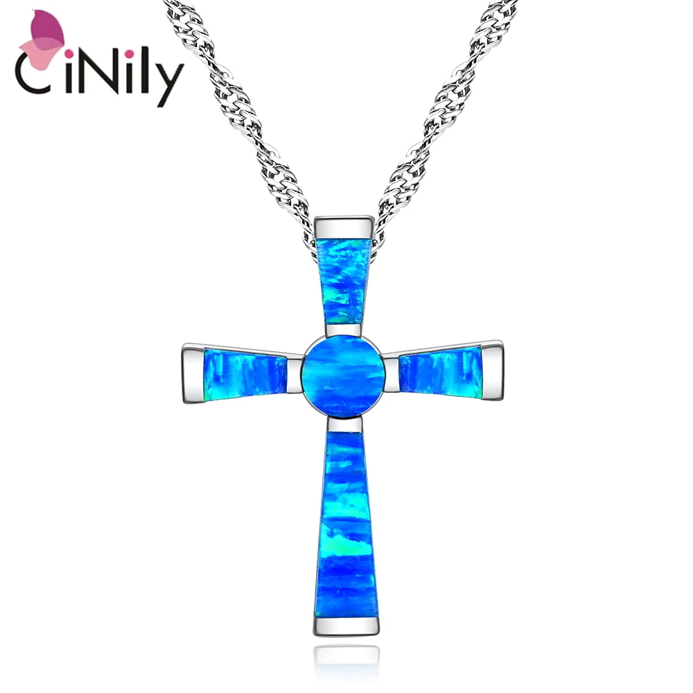 CiNily مكون الأزرق البرتقالي النار أوبال القلائد الفضة مطلي الصليب للنساء الأزياء والمجوهرات عيد الميلاد قلادة (مع قلادة)