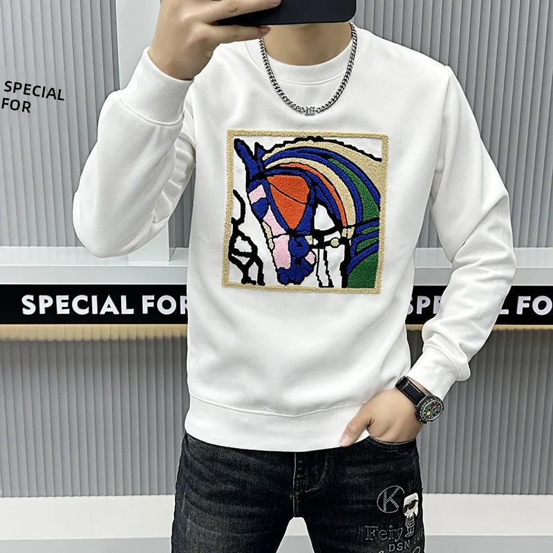 

Мужская толстовка с длинным рукавом и вышивкой в виде головы, круглый вырез, европейский стиль, молодежная, хлопковая, высокого качества