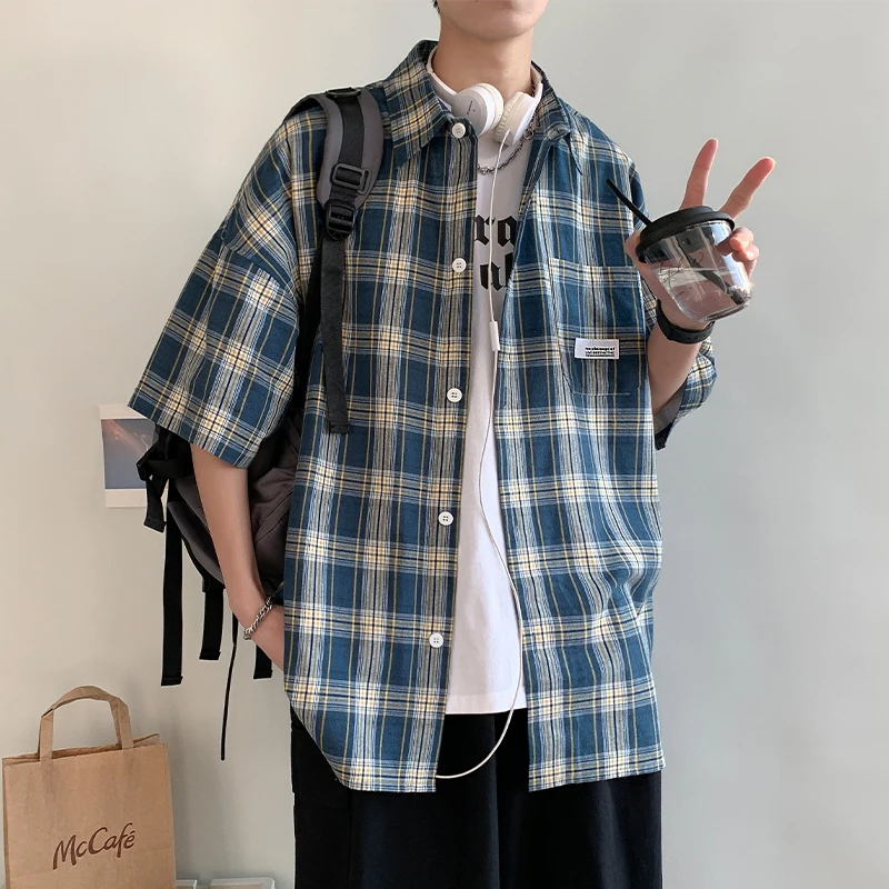 Korean Y2k Streetwear Plaid Shirt Men Shirts 2024 New Summer Fashion Chemise Homme Mens Checkered Shirts Short Sleeve Men Blouse