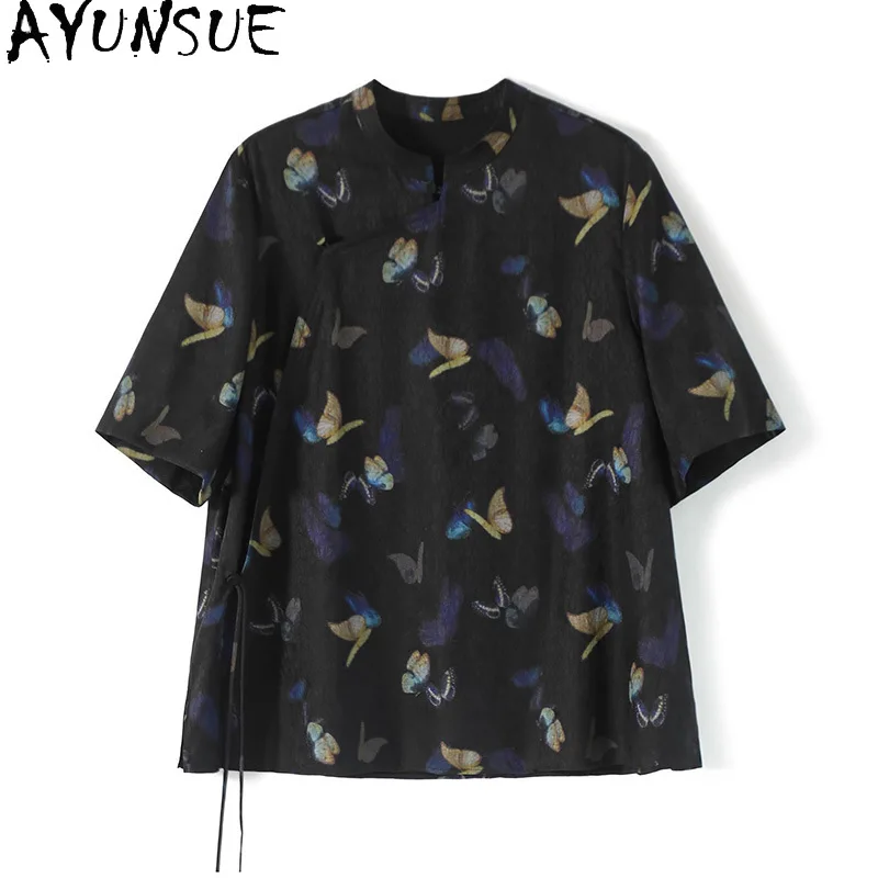 AYUNSUE Xiangyunsha Silk Women's T-shirts New Chinese Style Short Sleeve Tops for Woman Summer Woman Clothing 2026 Топ Женский