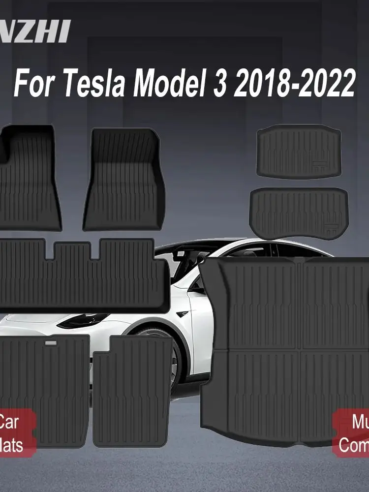 Fußmatten für Tesla Model 3 2018–2022, TPE-Automatten, rutschfest, wasserdicht, für alle Jahreszeiten, Bodenmatte mit Knöpfen, Befestigungselemente, Zubehör