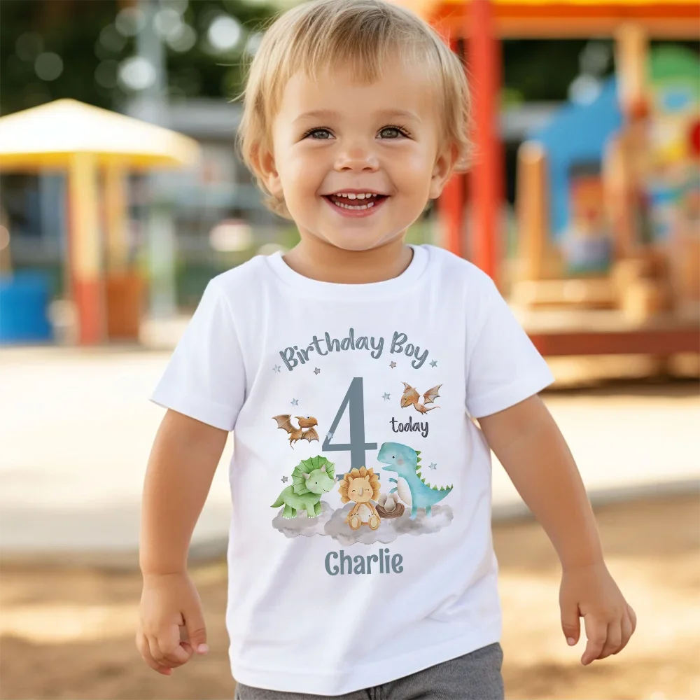 Personalised Dinosaur Print Kids Birthday T-shirt Custom Name Boys Short Sleeve Shirt 1-9 Year Children's Birthday Party Clothes