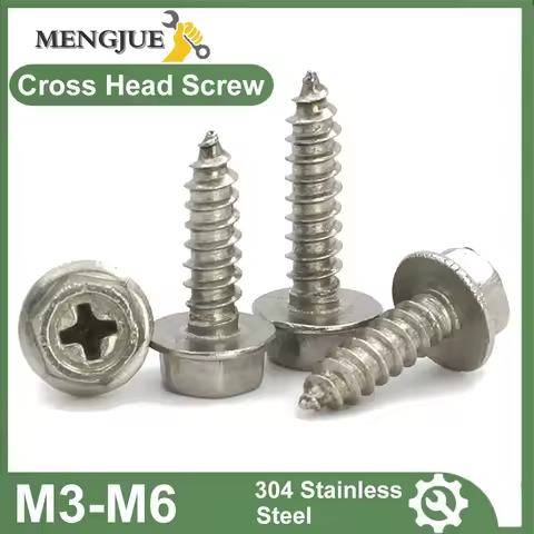5-10pcs 304 Stainless Steel M3 M4 M5 M6 Self-Tapping Phillips Hex Screw Cross Hexagonal Flange Cross Head Screws Wood Nail