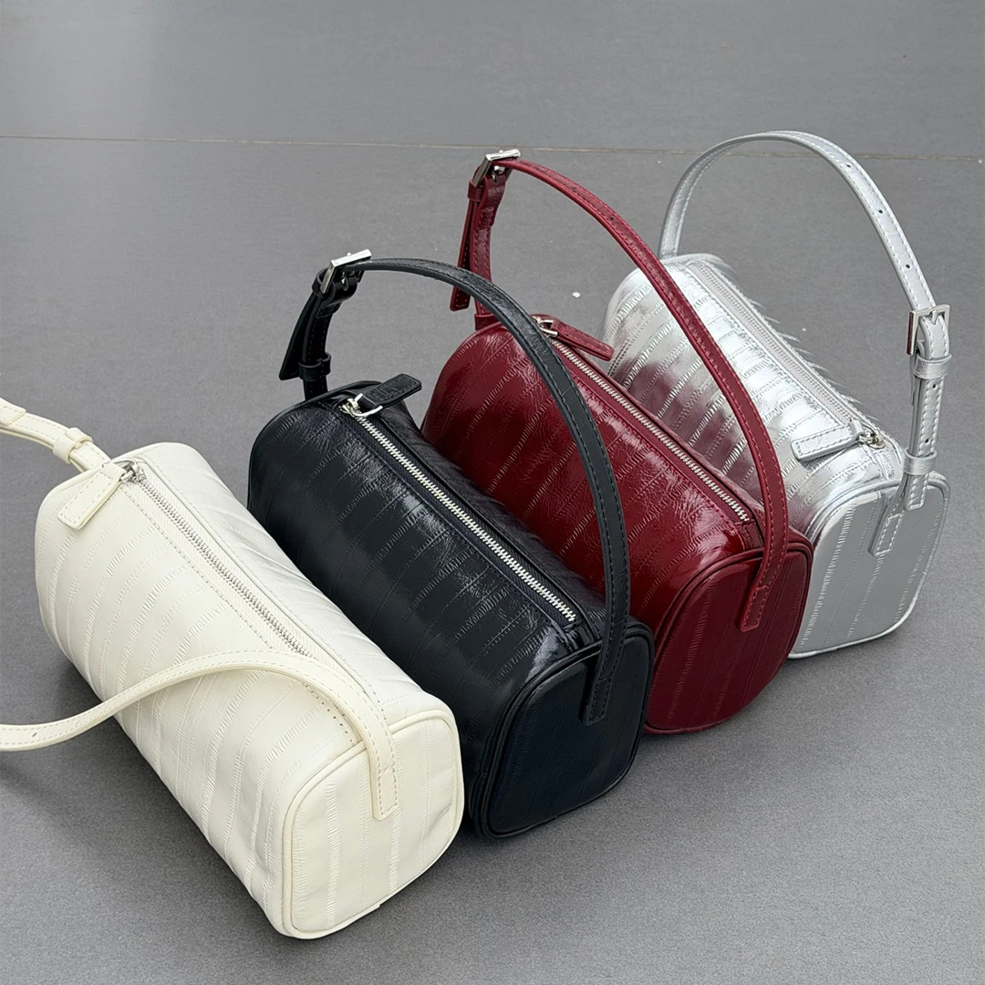 Mendy Women Genuine Leather Handbag Eel Pattern Embossed Cylinder Barrel Top Handle Shoulder Crossbody Bag Luxury Designer Purse