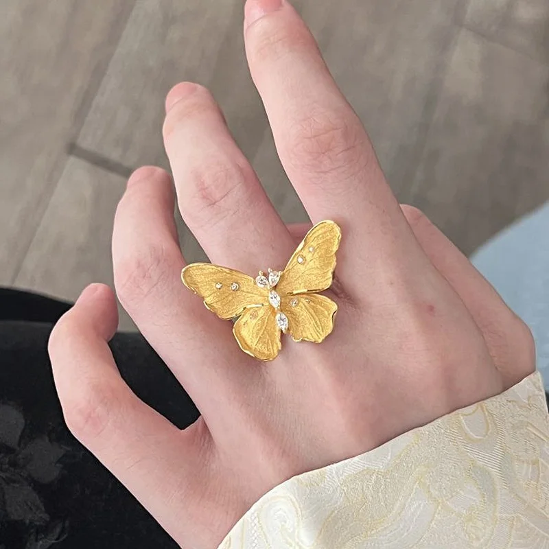 

Vintage 24K Gold Filled Butterfly Ring/Necklace Jewelry Set Italy Craft Brushed Buttefly Open Ring/Pendant With 925 Silver Chain