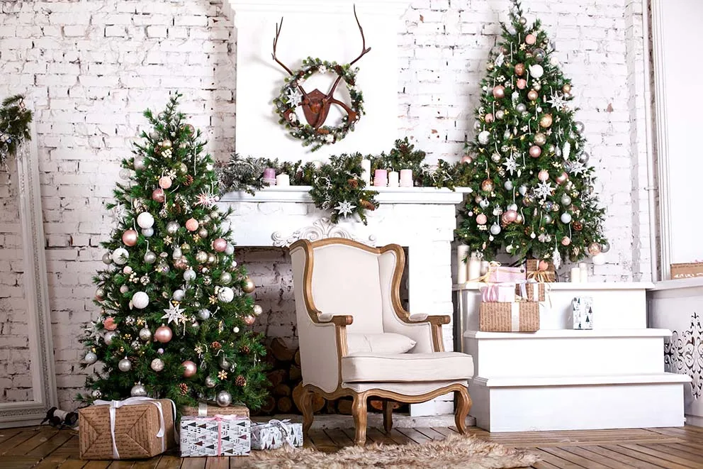 Fondo fotográfico de cabina de madera, pared de ladrillo, árboles de Navidad, luz nocturna, pan de jengibre, Pancarta, accesorios para sesión fotográfica