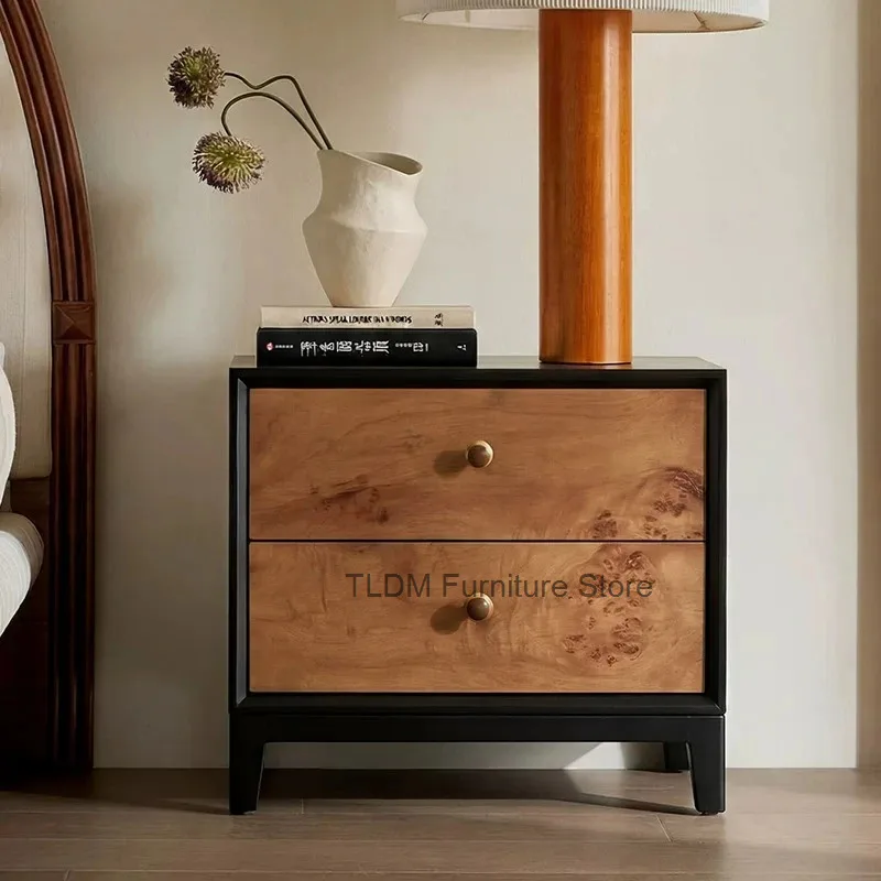 Retro Wood Veneer Nightstand, Contrast Outer Frame Round Metallic Knobs Compact Storage Bedside Cabinet for Bedroom Rest Space