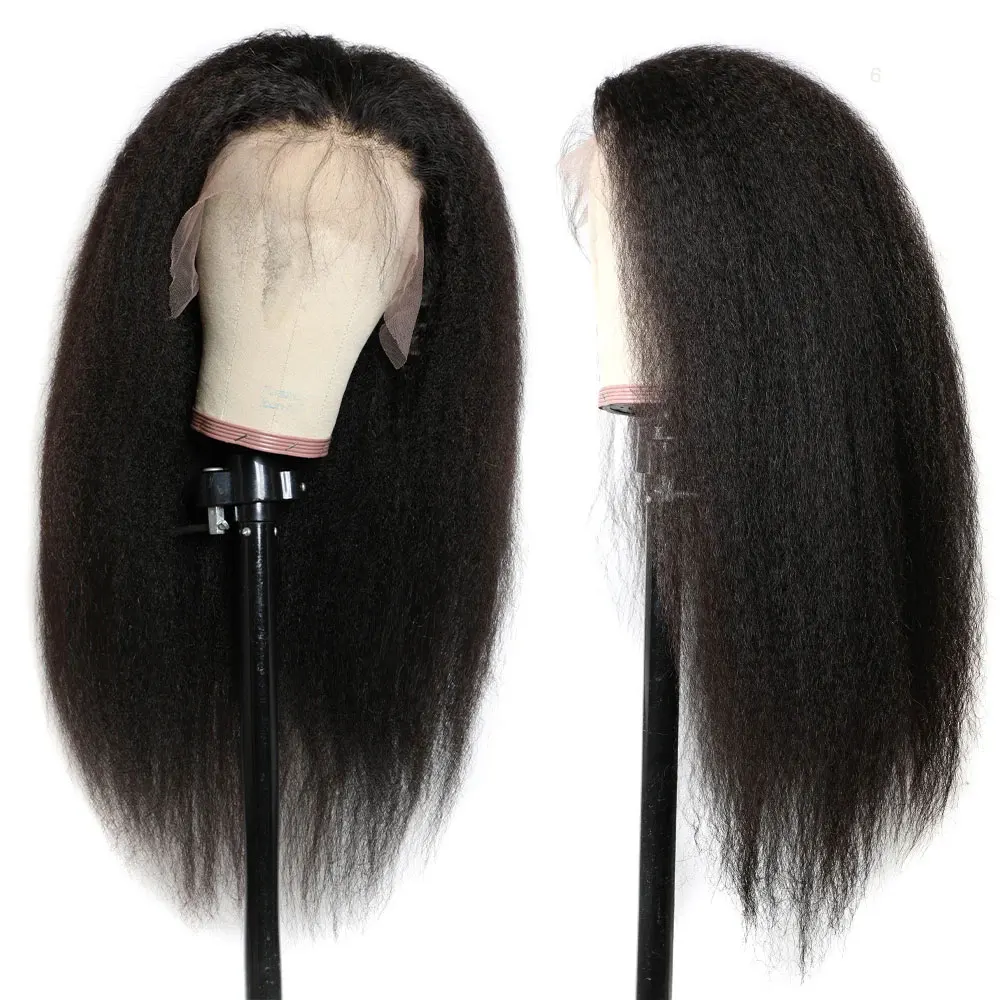 Megeen Kinky Straight 13x6 Lace Front Wig Human Hair Burmese Yaki Straight HD Transparent Lace Frontal Wig 3C4A Curls 1B Black