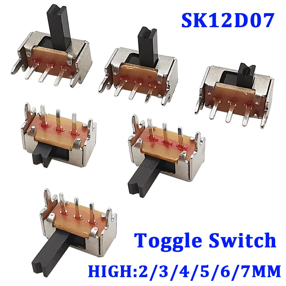 20/50/100 SK12D07VG SK12D07 przełącznik dwupozycyjny 3PIN PCB 1P2T uchwyt przełącznika suwakowego miniaturowy przełącznik suwakowy boczne pokrętło wysokie 2/3/4/5/6/7mm