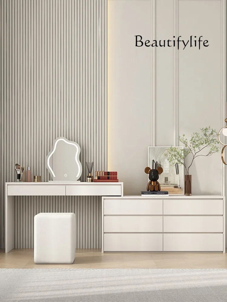 

Italian light luxury dresser bedside cabinet bedroom modern simple French cream wind retractable cabinet