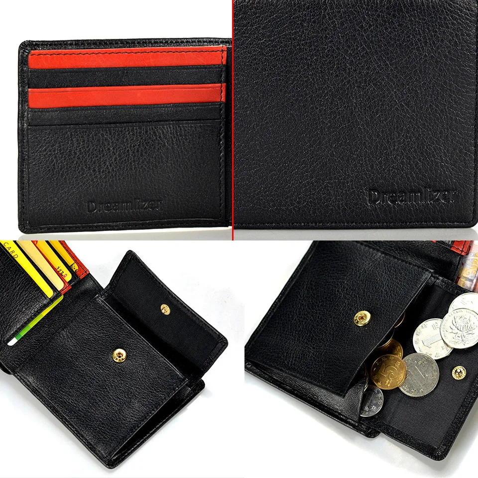 Dreamlizer Men Classic Thin Bifold Leather Wallet Short Italian Grain Genuine Leather Male Purse Large Coin Pocket Bag for Boy