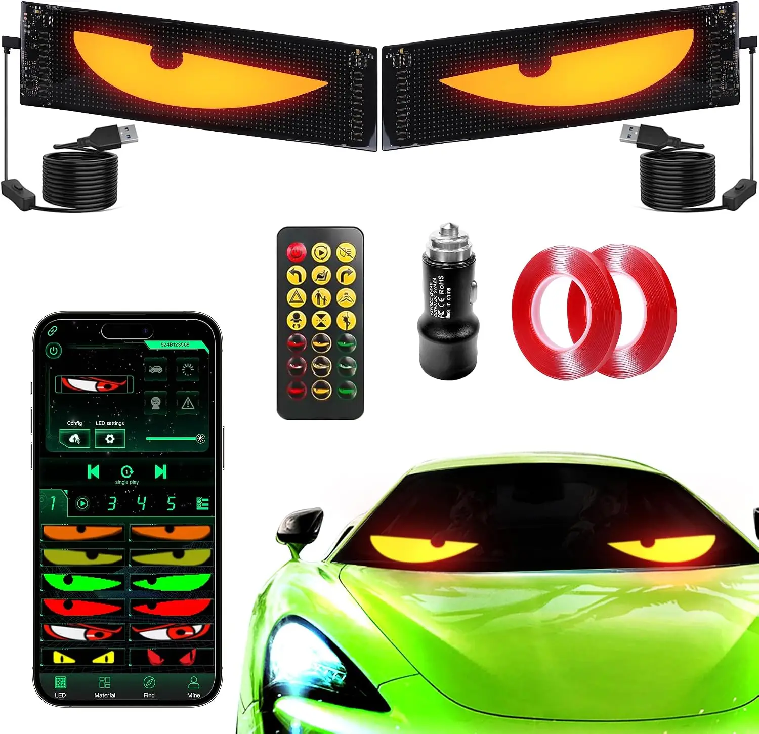 2Pcs Devil Eye Flexible LED Car Screen Bluetooth APP Remote Custom Text Image Windshield USB Scrolling Display Panel