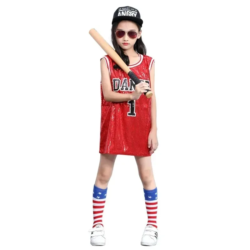 Girls Hip Hop Sequins Dance Costume Glitter Tank Top with Socks Children Kids Stage Performance Mordern Jazz Outfits 5-12 Years