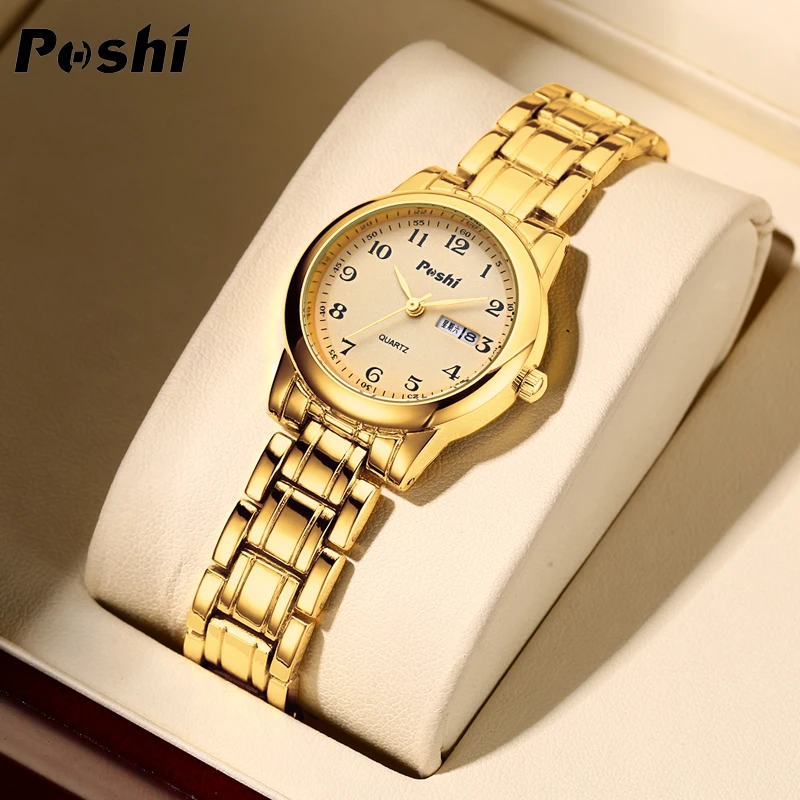 POSHI Original Waterproof Quartz Watch for Women Fashion Ladies Bracelet Luxury Stainless Steel Strap Date Week Women\'s Watches