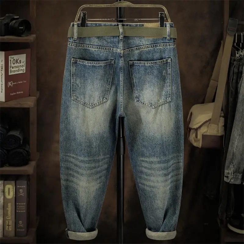 Trapped Patchwork Trousers Trendy Brand Handsome Street Men Distressed Trendy Loose Micro-tapered Harem Jeans