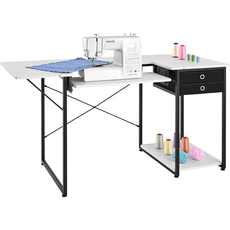 Sewing Table Multipurpose Sewing Machine Table with Foldable Side Shelf Adjustable Shelf Steel Legs Computer Desk for Home