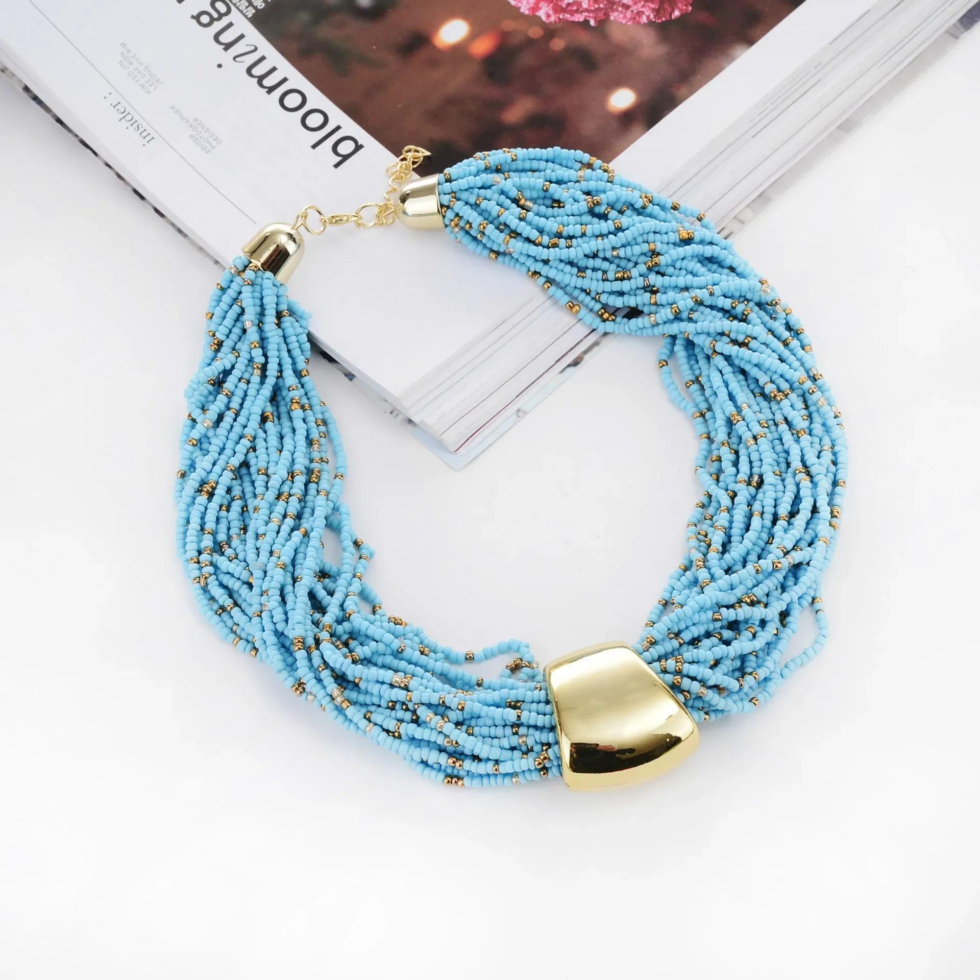 Bohemian Multi-Layered Beads Choker Necklace for Women Ethnic Girls Big Statement Fashion Jewelry Metal Clasp Necklace