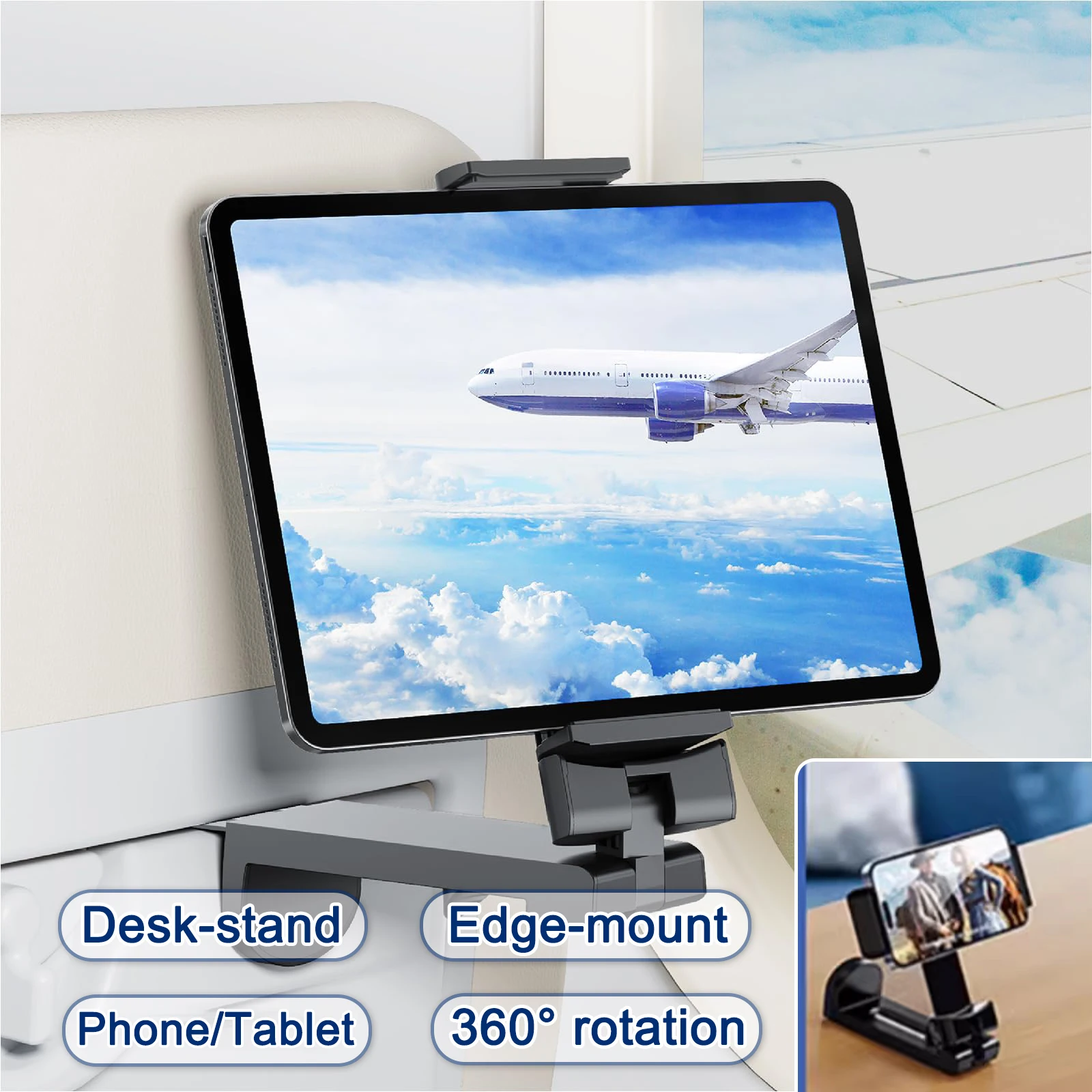 New Airplane Tablet Holder Travel Train Seat Cupboard Bar Handfree Foldable Ipad Phone Bracket Stand Desk Edge Grip 360 Rotation