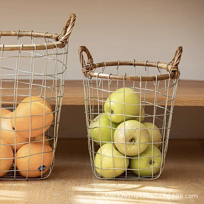 Retro Minimalist Wrought Iron Mesh Storage Basket Woven with Rattan and Iron Wire Pure Handmade Hand-held Storage Basket