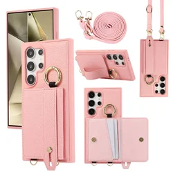 Crossbody Wrist Strap Ring Phone Case for Samsung Galaxy S25 S24 Ultra S23 S22 Plus Wallet with Card Holder Protective Cover