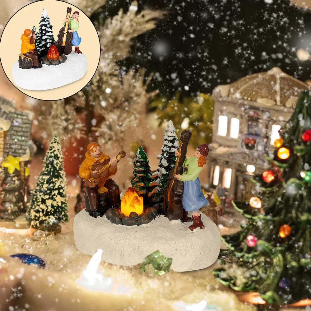 Handbemalte Beleuchtete Weihnachtsdorf-Figur mit Lagerfeuer-Musik-Szene Winterliche Tischdekoration Handgefertigte Weihnachtsdekoration – Detail 6