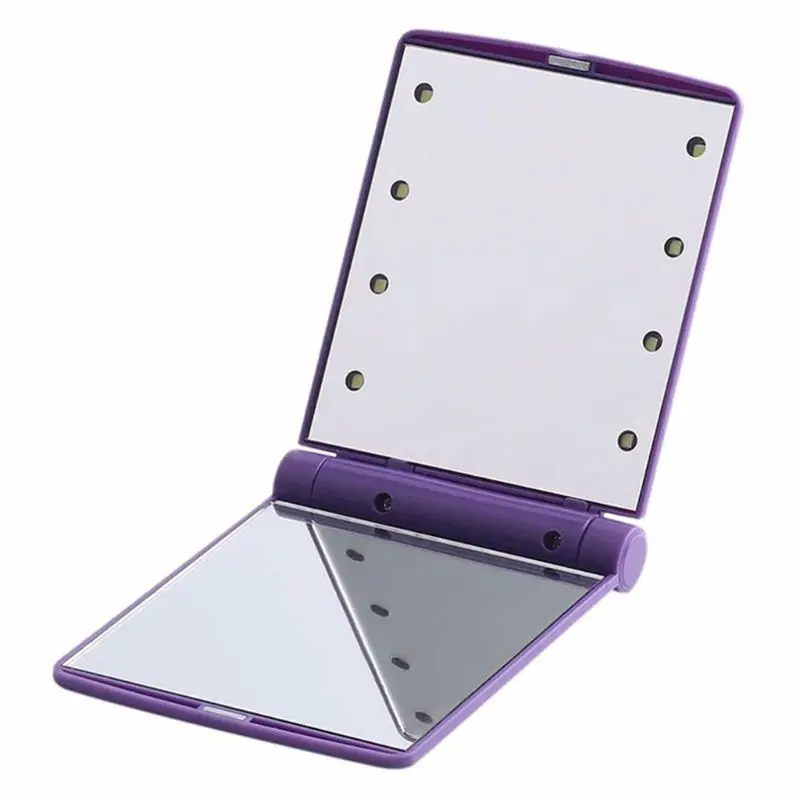 CX56 11x8,5 CM 8 lámparas de luces LED mujeres niñas espejo de maquillaje rectangular plegable portátil tamaño de bolsillo compacto cosmético de viaje U2JD