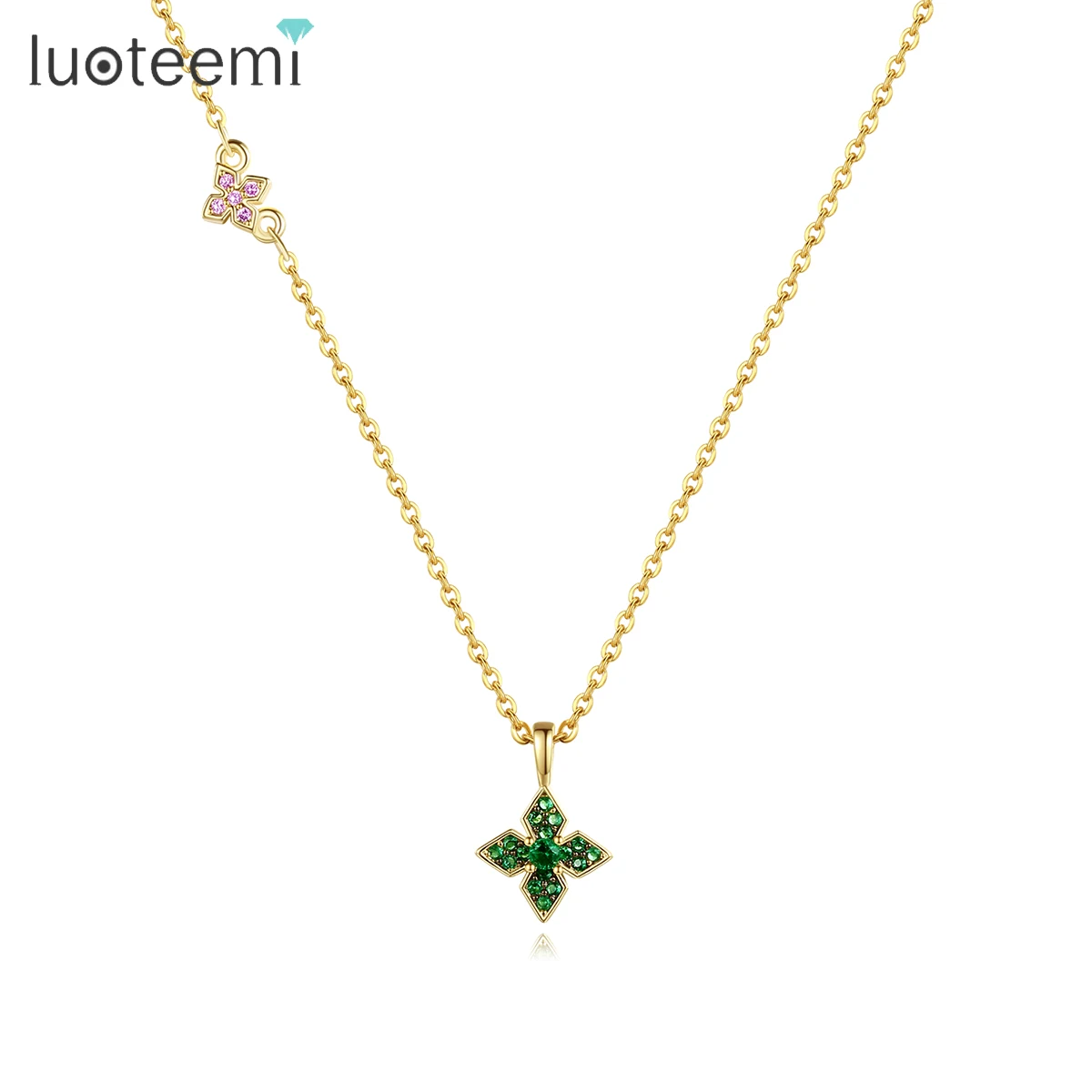 LUOTEEMI Cute Green Four Leaf Clover Long Pendant Necklace for Women Gold Color Simple Design Statement Accessories for Girl